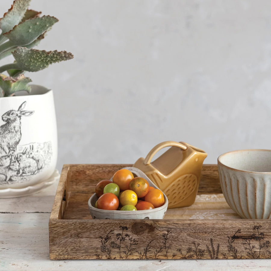 Decorative Mango Wood Tray With Laser Etched Botanicals