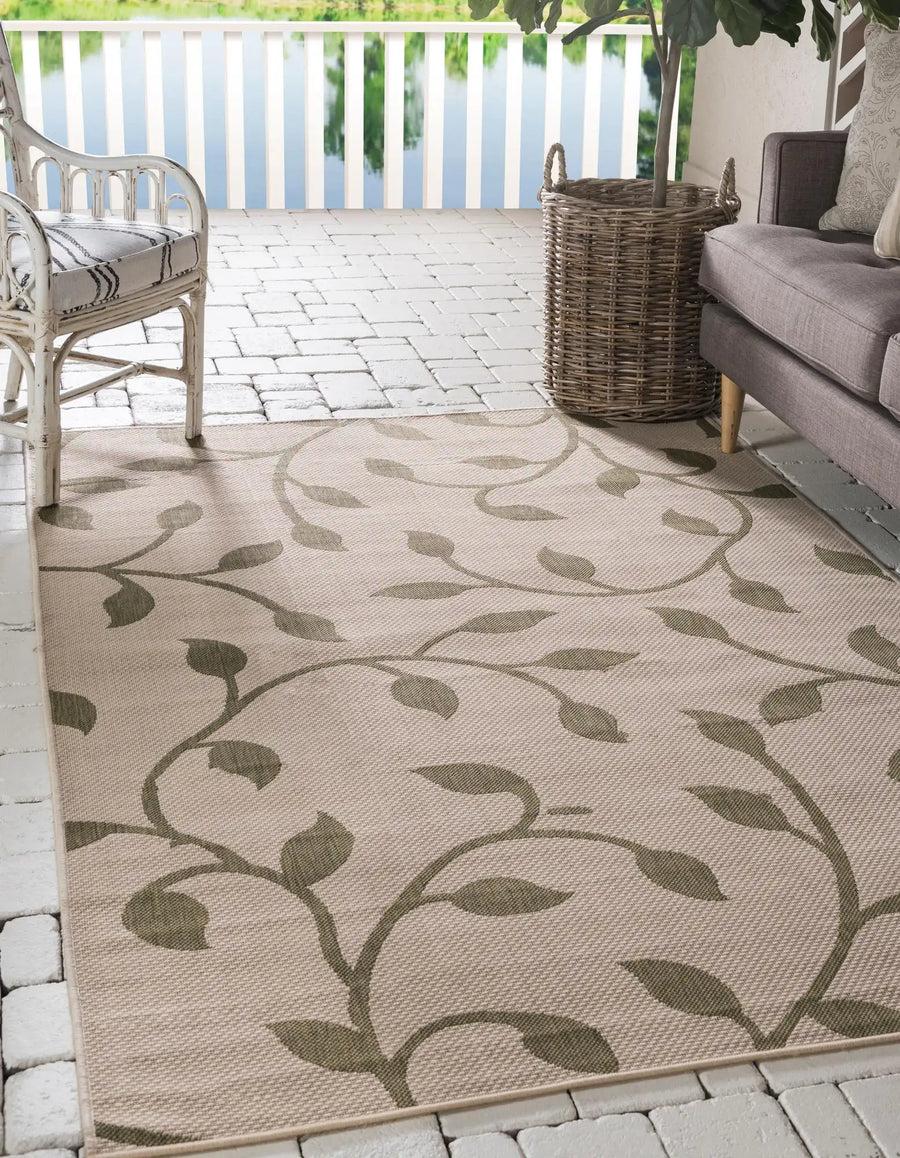 Beige Outdoor Botanical Rectangle Rug 7'1" x 10'