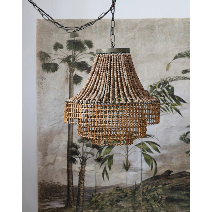 Rattan and Wood Beaded Chandelier