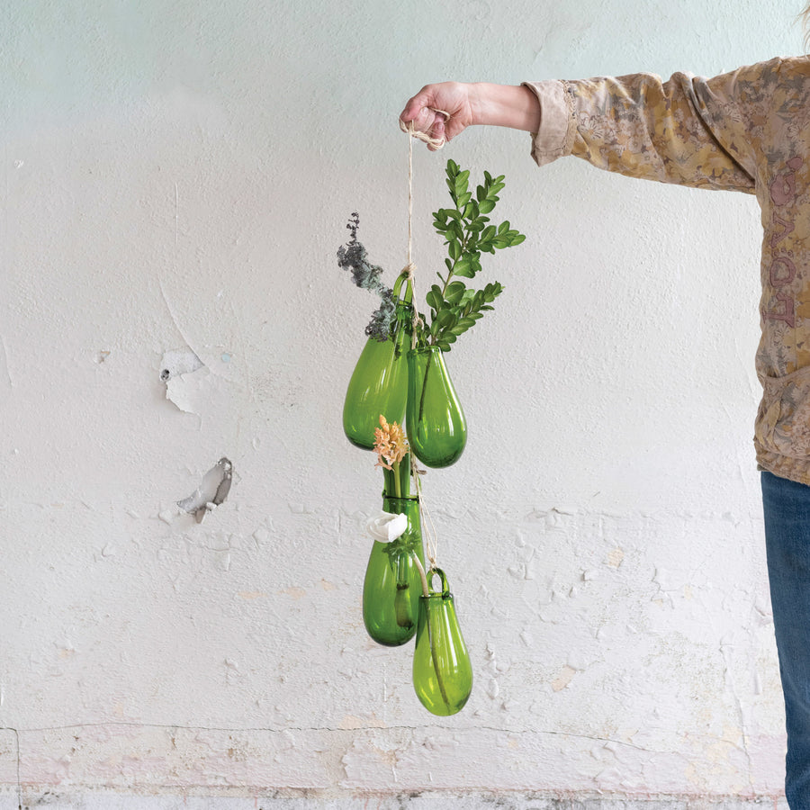 Green Hand Blown Glass Vase with Hanger