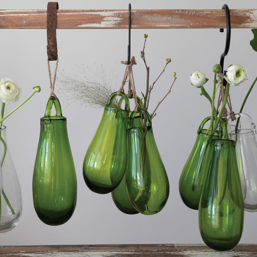 Green Hand Blown Glass Vase with Hanger