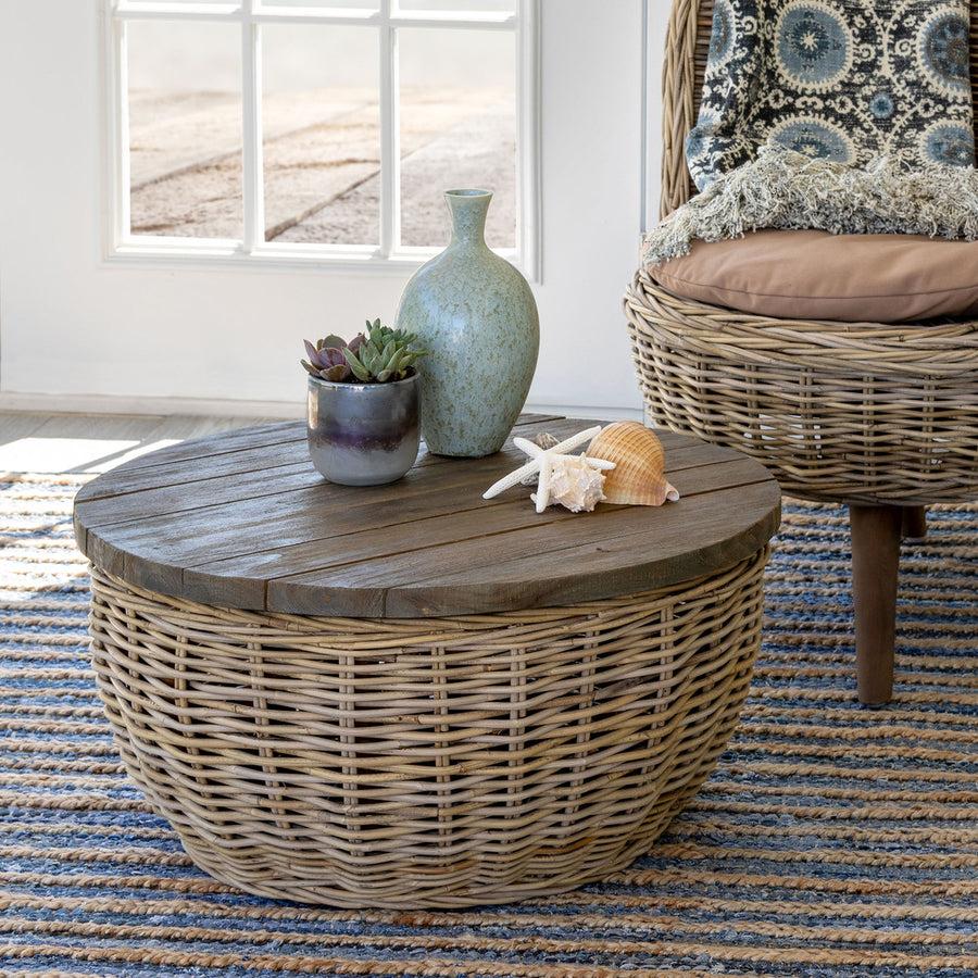 Rattan Coffee Table With Wood Top