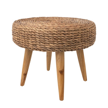 Hand-Woven Hyacinth and Teakwood Stool